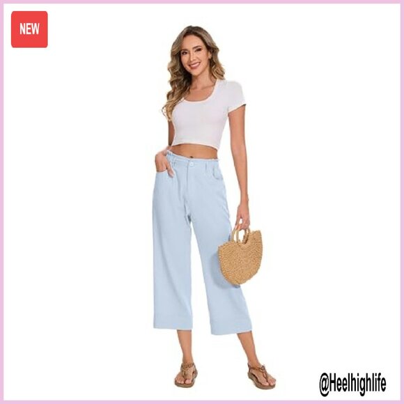 Summer Capri Pants Drawstring Waist Wide Leg Loose Fit Casual Trousers - Picture 3 of 7